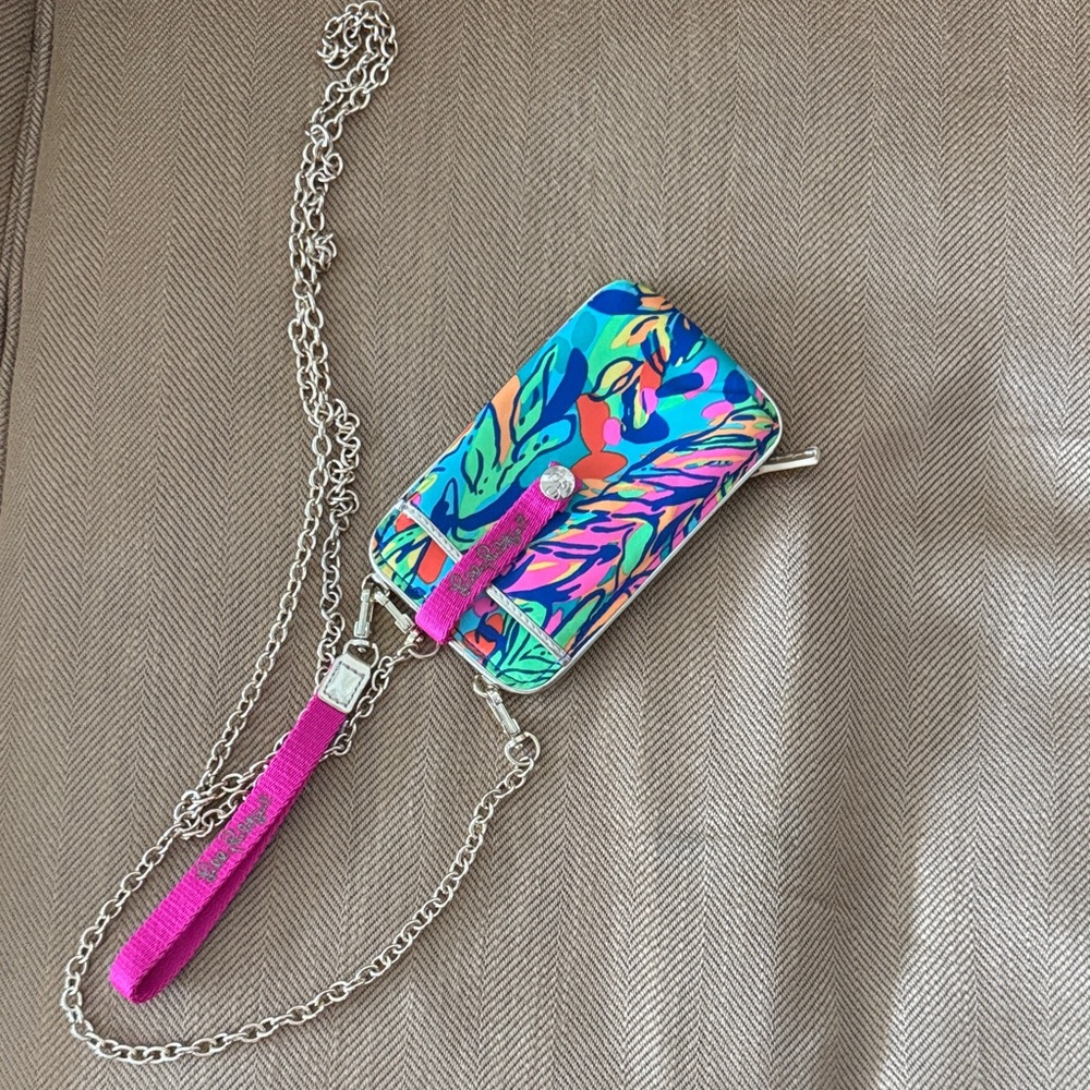 Lilly Pulitzer Multicolor Tropical Print Crossbody Phone Case with Pink Strap